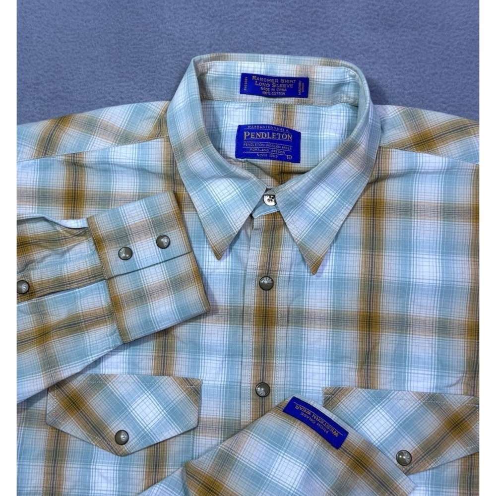 Pendleton Shirt Mens L Rancher Shirt Pearl Snap Plaid Poplin Western Rodeo